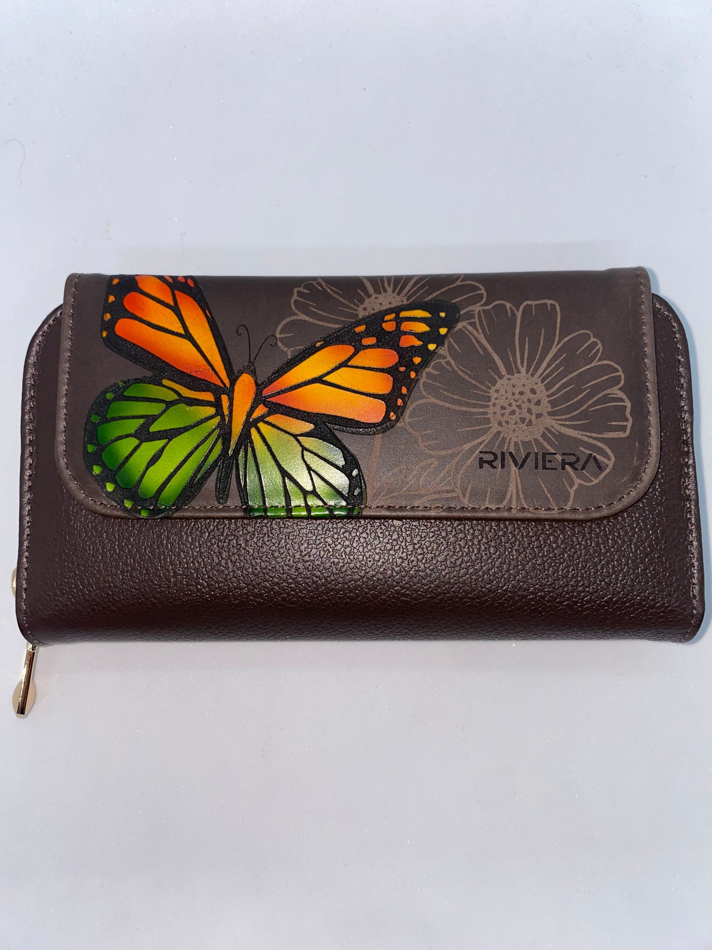 W8776 - Wallet de cuero para dama marca Riviera con diseño de mariposa