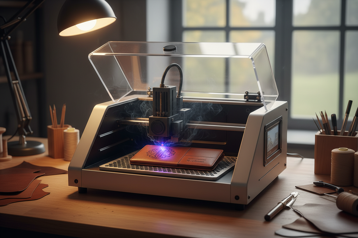 Necesito que aparezca una maquina laser sencilla y un producto de cuero personalizandose